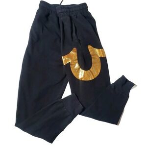 True‎ Religion Sweat Pants Jogger Medium Black Gold Logo Graphic Loungewear